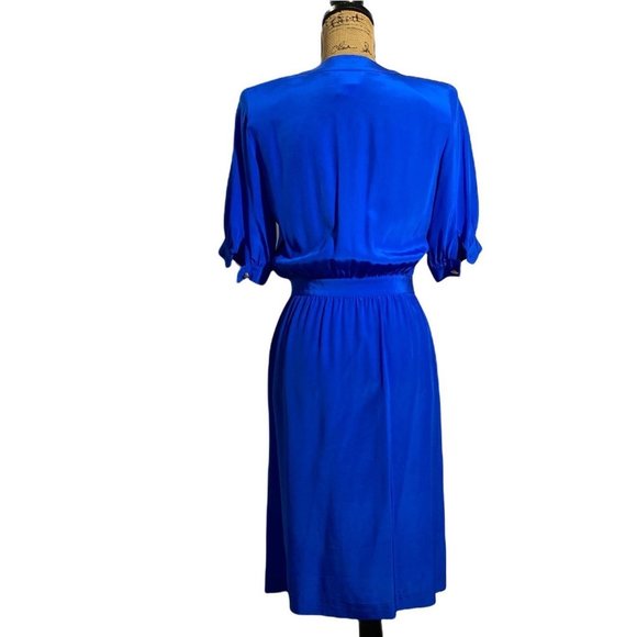 Claudia & Marc 10 Vintage Dress Royal Blue Pleated Shoulder Pad Gold Button - Picture 4 of 7